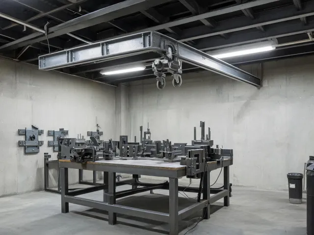 Fabrication bay with trolley rail
