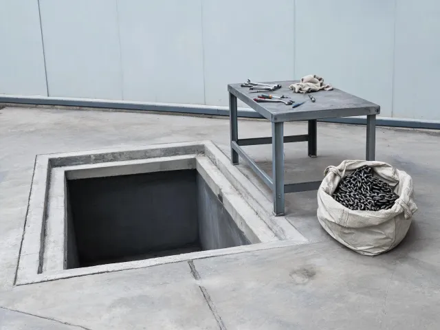 Maintenance pit beside a workbench