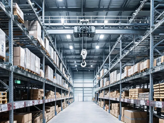 Warehouse aisle with overhead lifting path