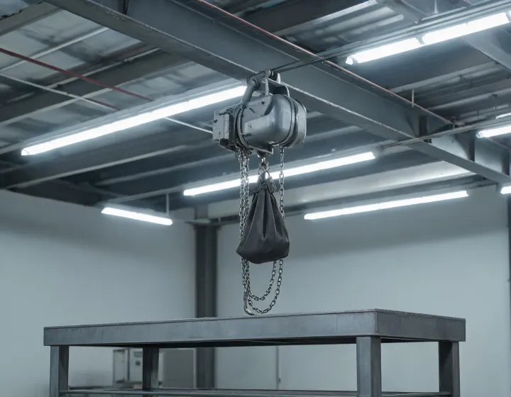 Chain electric hoist load chain bag on a plant bench